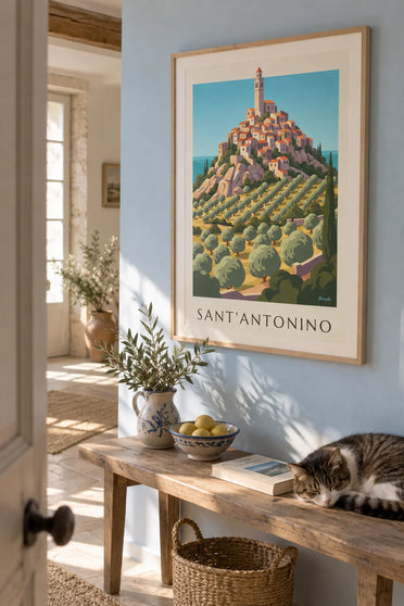 Poster bergdorp Sant'Antonino in de Balagne, Corsica: ingelijst aan de muur