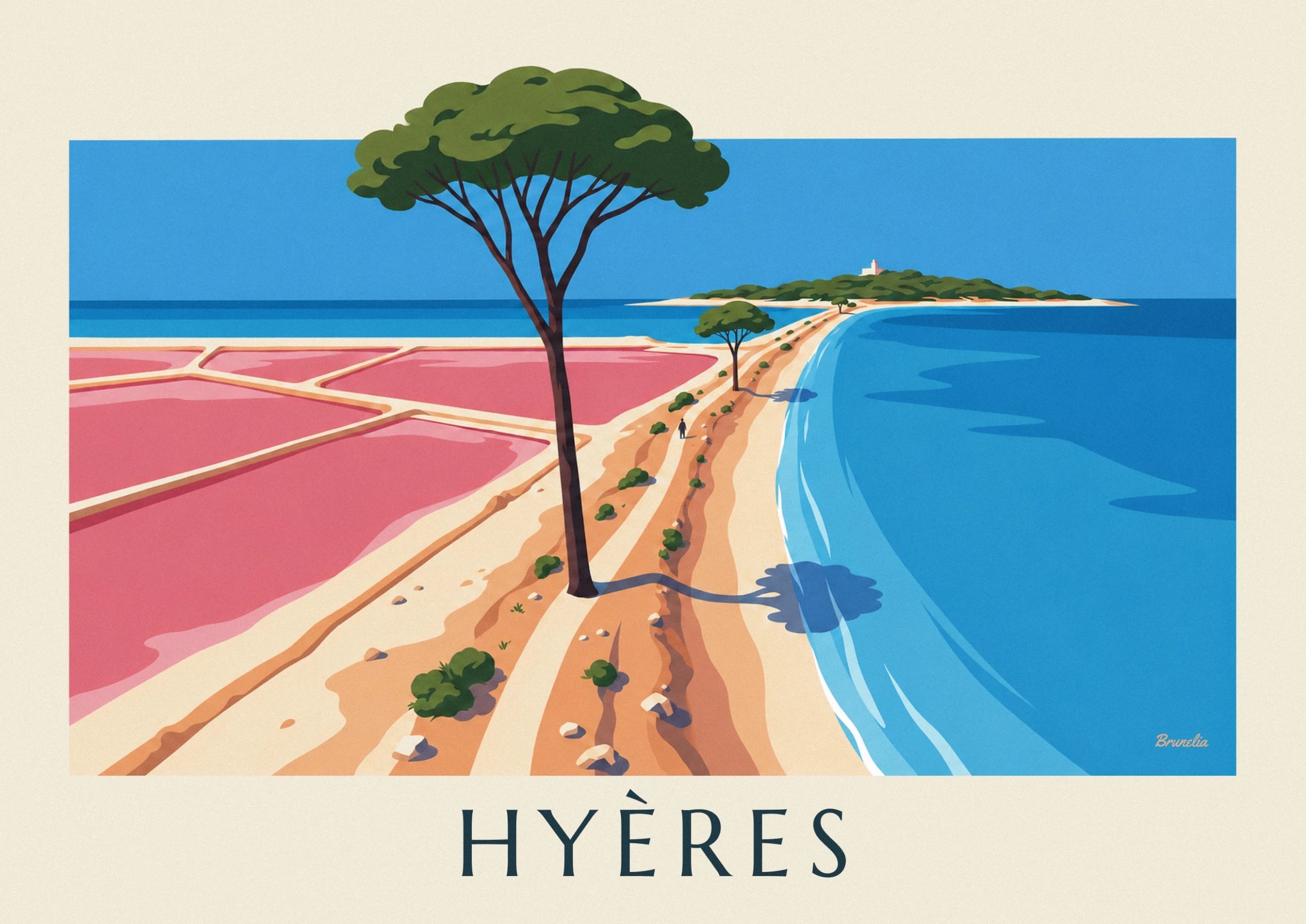 Een hoge den met een slanke stam tussen de roze zoutpannen en de blauwe zee