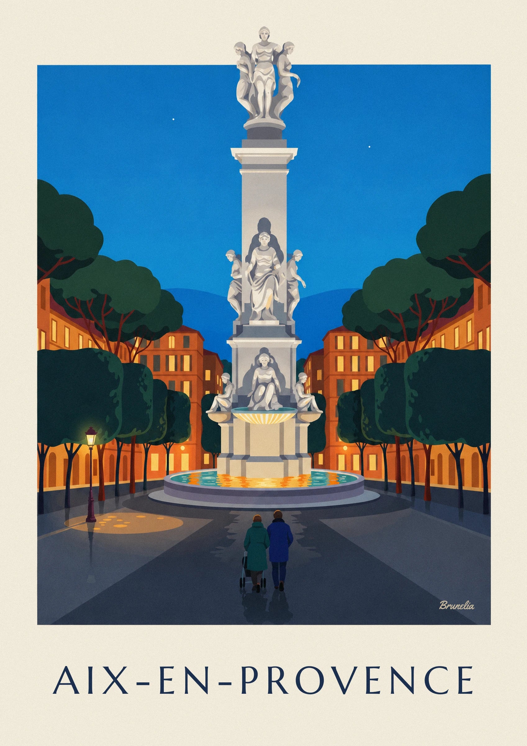 Les statues claires de la fontaine de la Rotonde sur leur socle, sous le ciel bleu