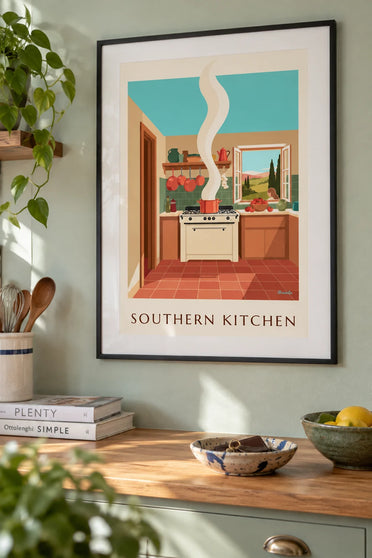Poster van de zuidelijke keuken, ratatouille en koperen pannen: ingelijst aan de muur