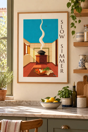 Poster dampende pot-au-feu in een gietijzeren pot: ingelijst aan de muur