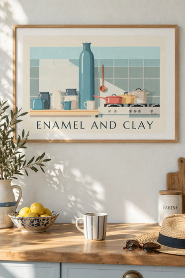 Affiche casseroles émaillées et pots en céramique dans la cuisine : encadrée au mur