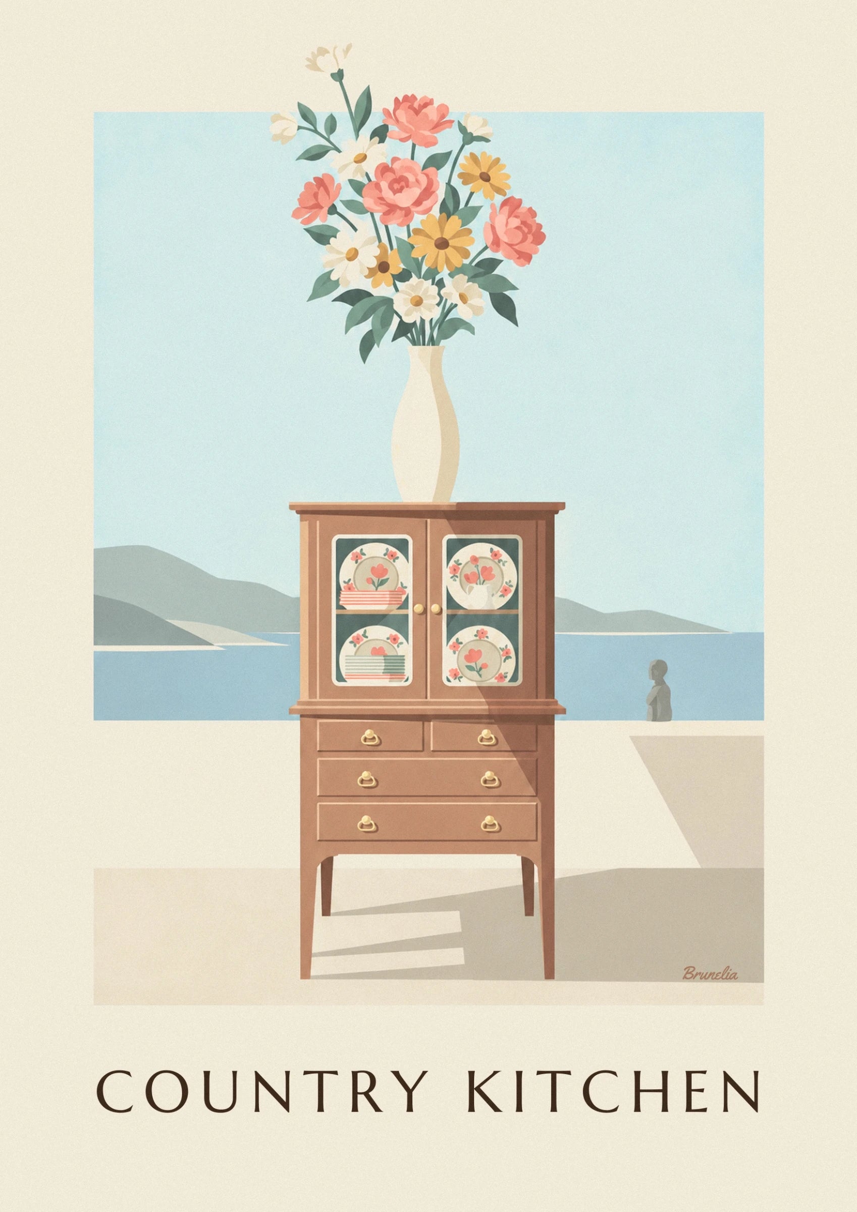 The wooden dresser with glass-fronted cupboards, plates with pink flowers and golden handles