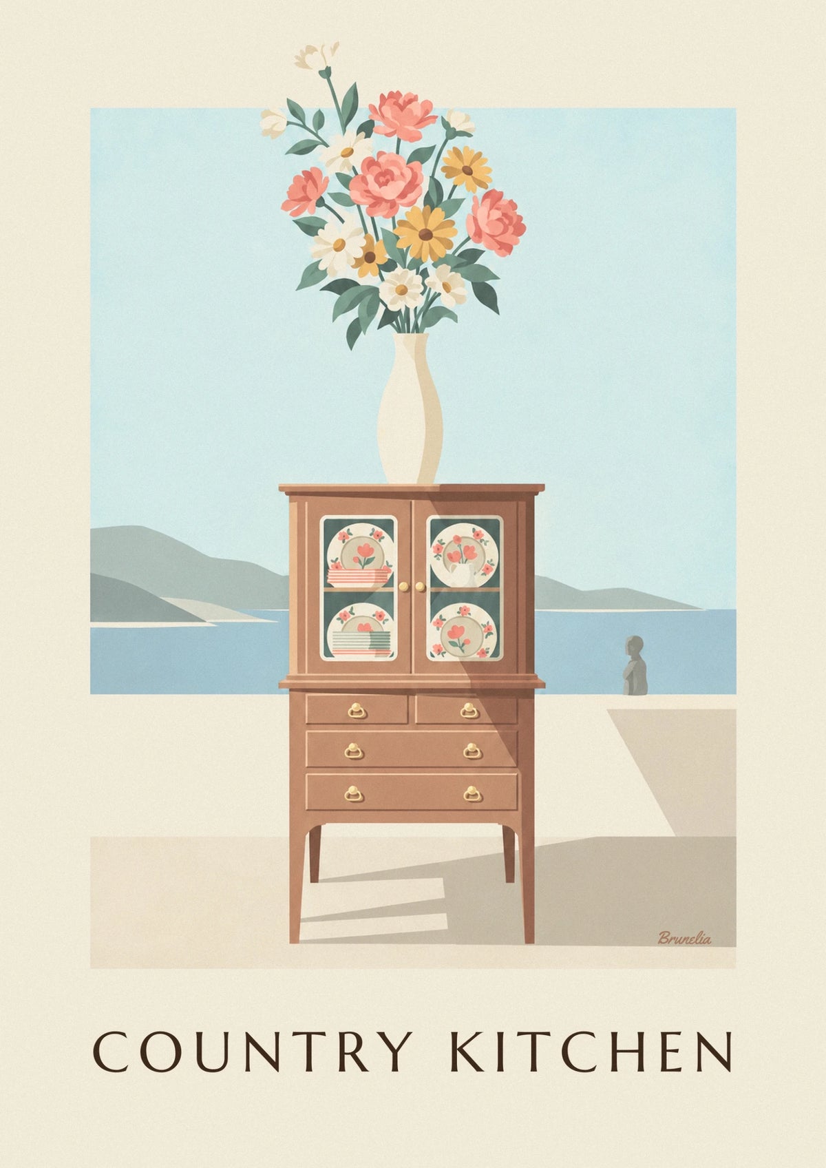 Wooden kitchen hutch with floral plates poster