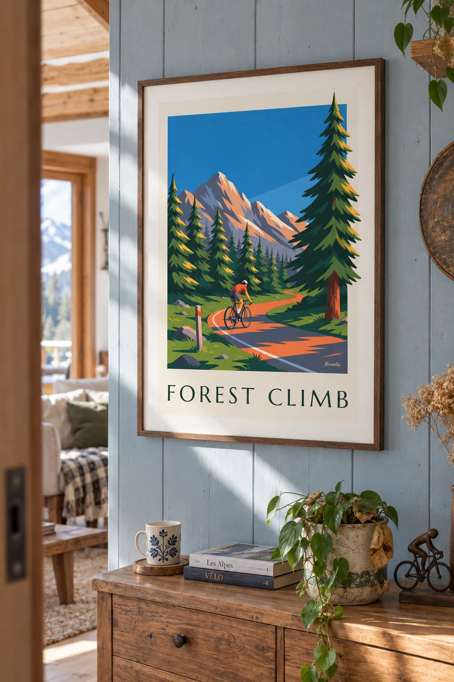 Affiche cyclotourisme en montagne et forêt : encadrée au mur