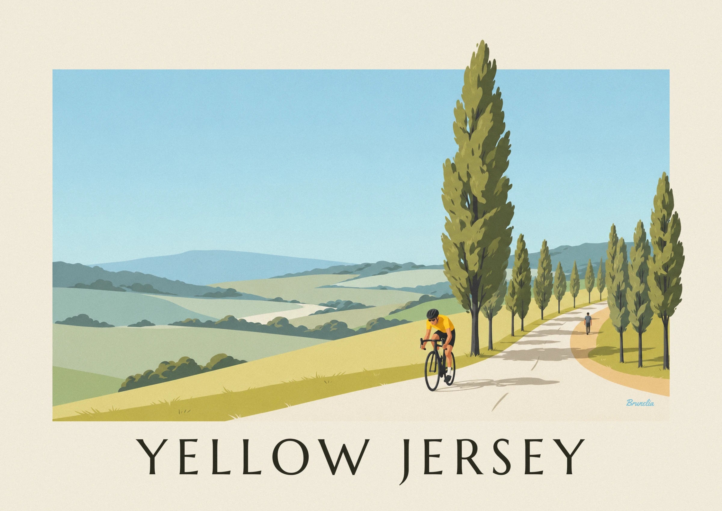 Le cycliste en maillot jaune et casque noir, penché sur son vélo de route, sous les peupliers