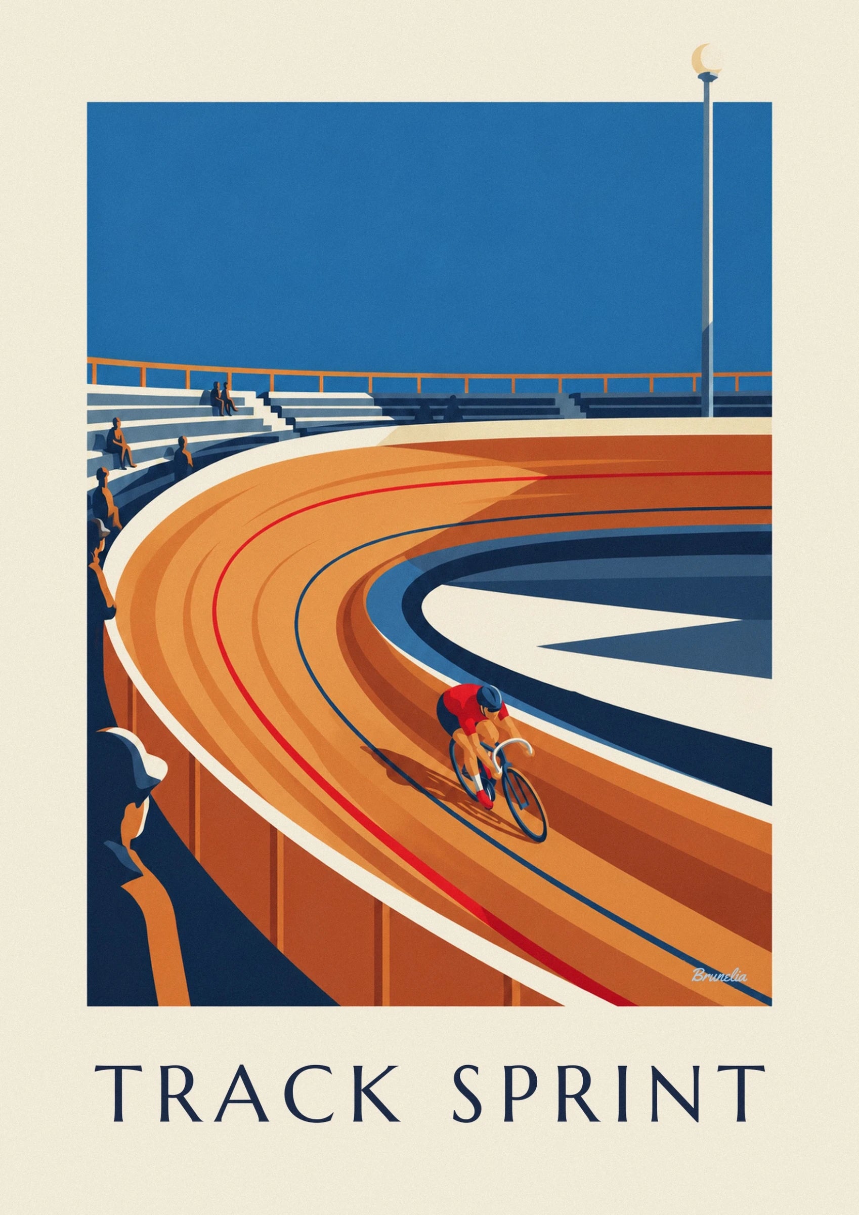 The cyclist in a red jersey and blue helmet leaning over his bike on the wooden track
