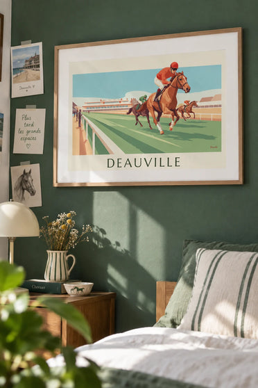 Poster of the Deauville racecourse and galloping horses: framed on the wall