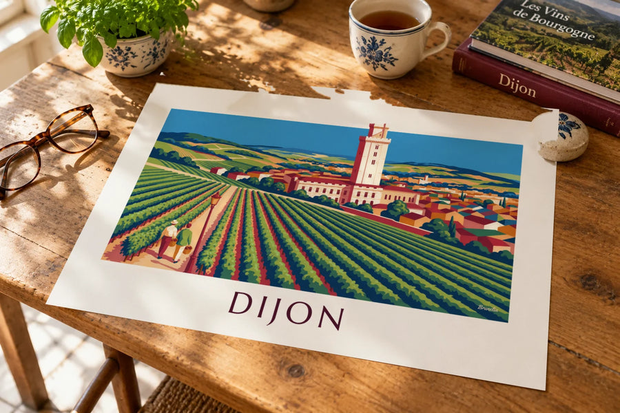 Poster van de wijngaarden en het Hertogelijk Paleis van Dijon in Bourgogne: op een tafel