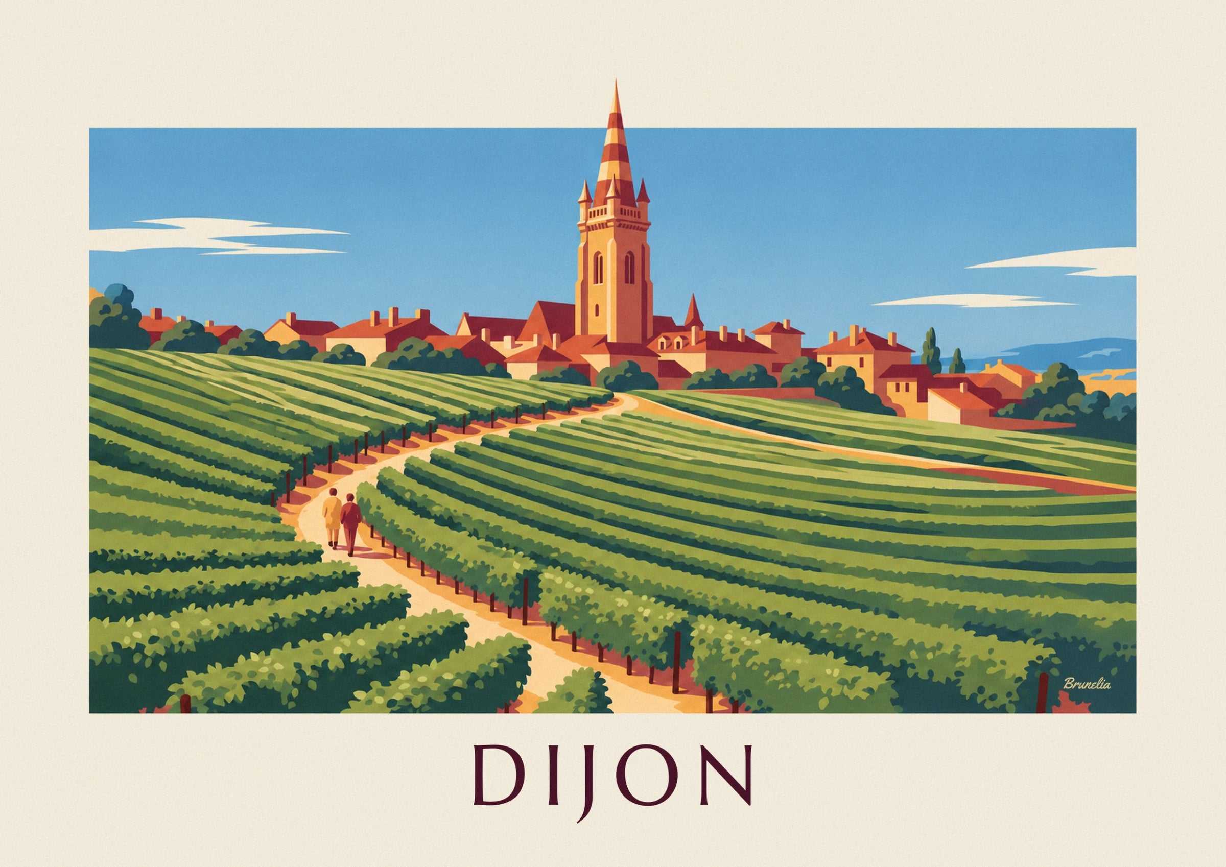 Le clocher rayé ocre et rouge dominant les toits de tuiles, au bord des vignes