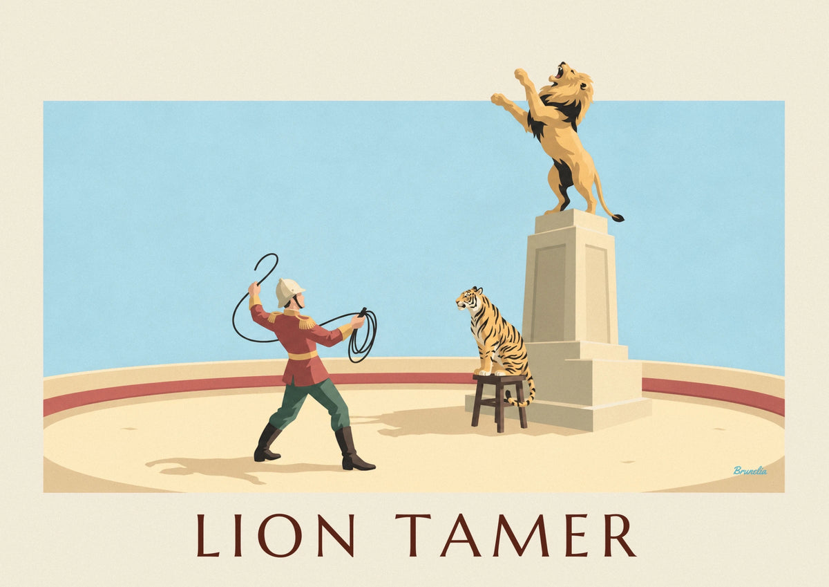 Affiche dompteur de fauves, lion et tigre sur la piste du cirque