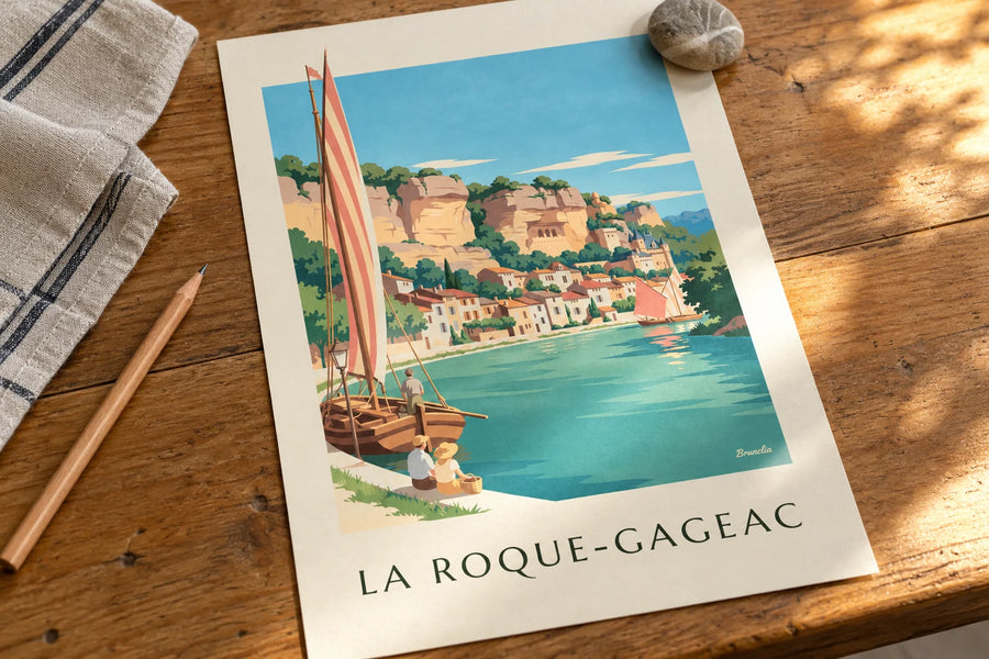 Poster Dorf La Roque-Gageac an der Dordogne: auf einem Tisch abgestellt