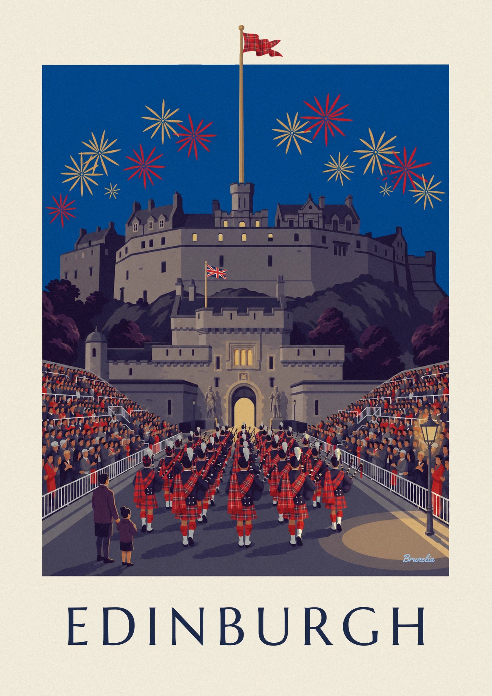 Affiche château d'Édimbourg et Military Tattoo de nuit : détail en gros plan