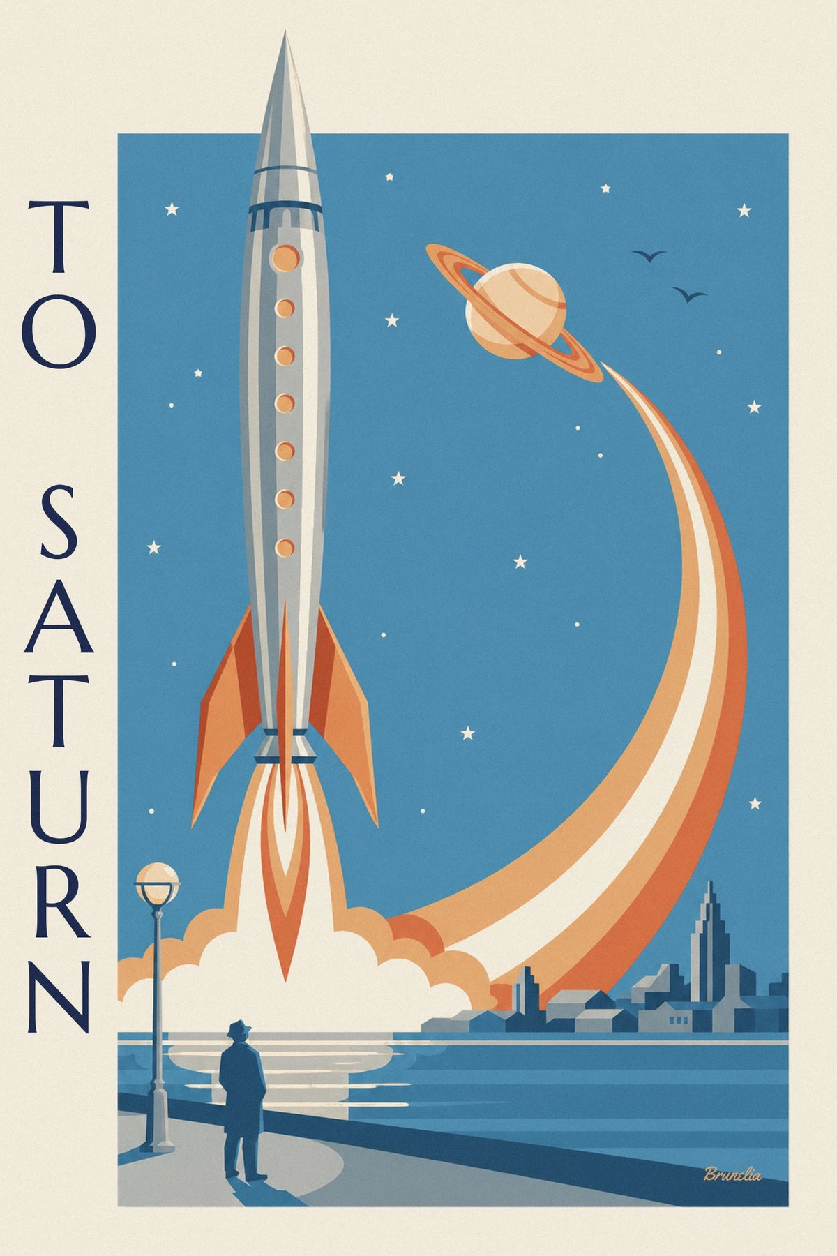 Affiche fusée argentée qui décolle vers Saturne depuis le bord de mer