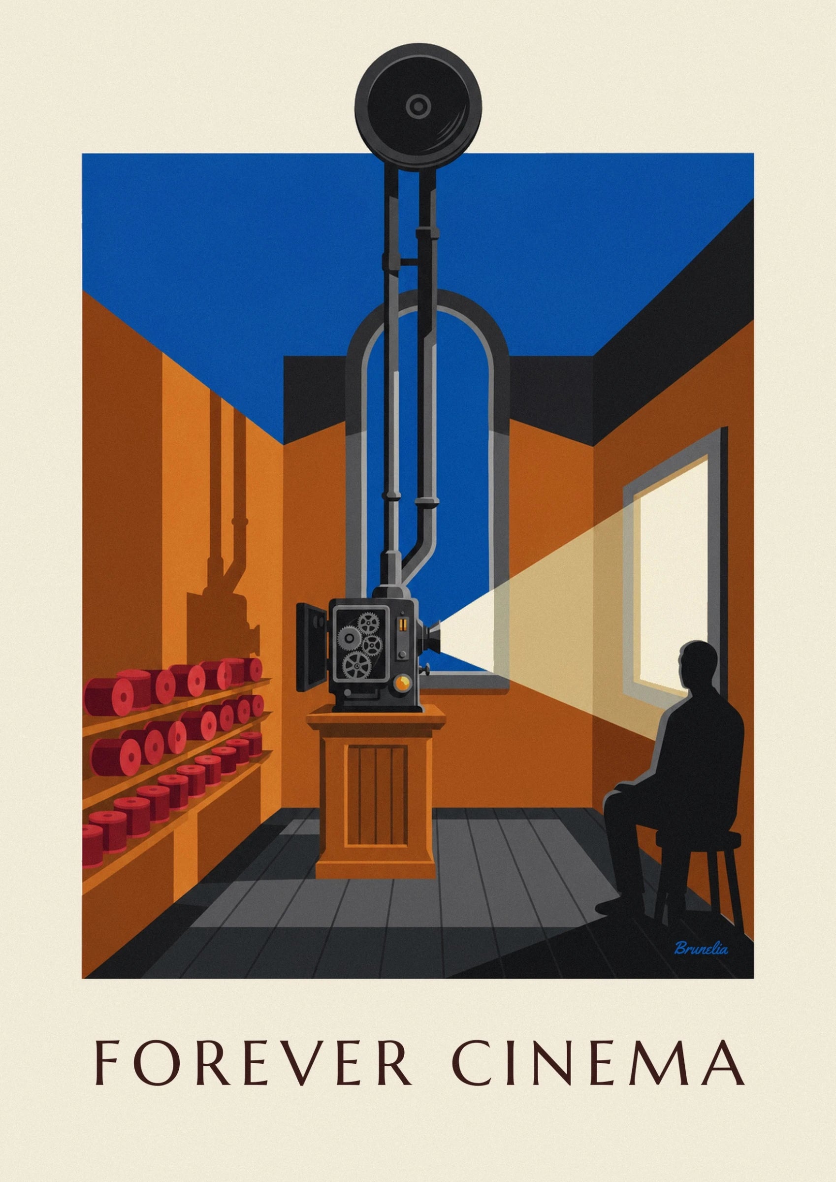 The projector with exposed gears on its wooden pedestal, casting a beam of light towards the window