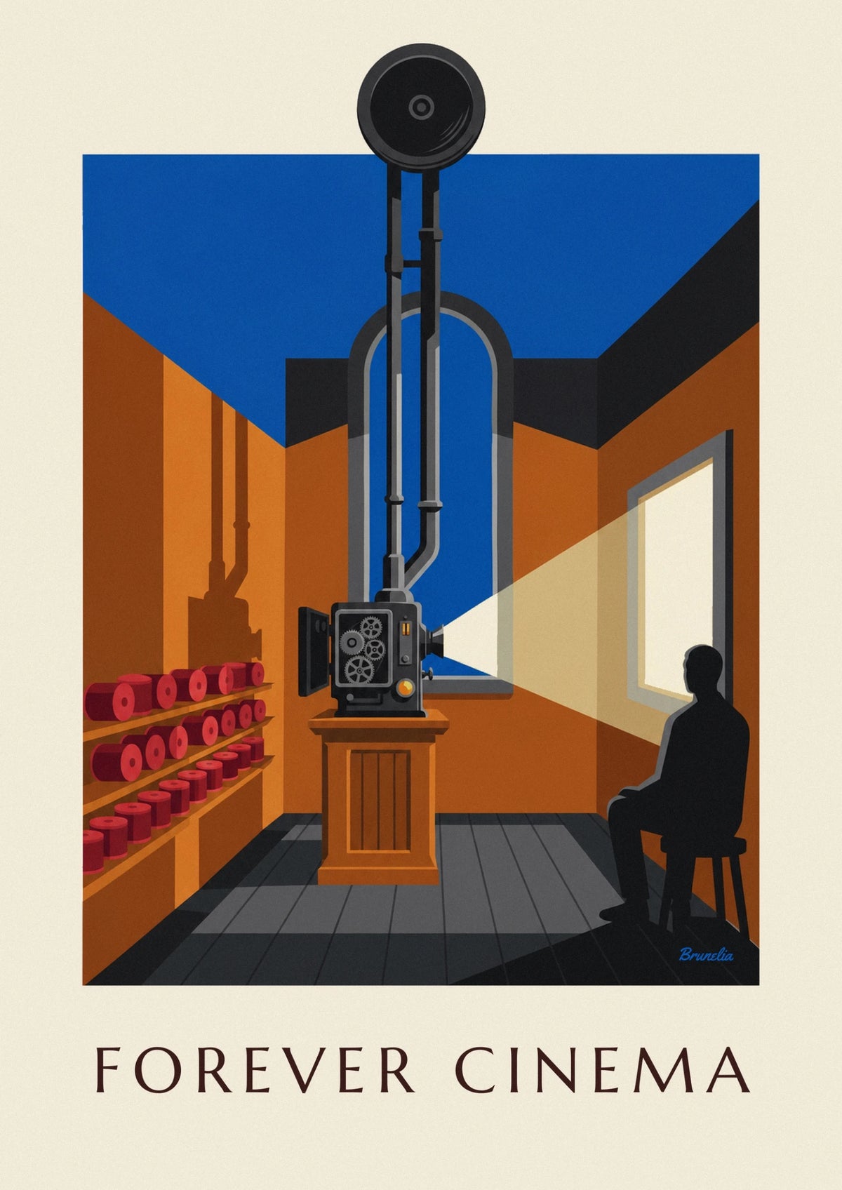 Film projector and reels in a cinema booth poster