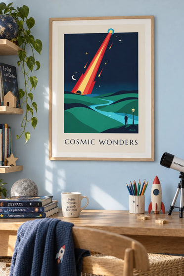 Poster komeet en meteorieten in de kosmos: ingelijst aan de muur