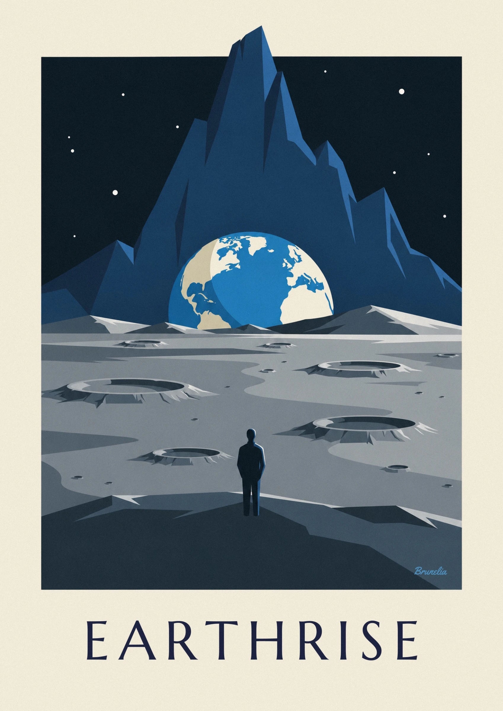 The blue and cream Earth on the horizon above the grey, cratered lunar surface