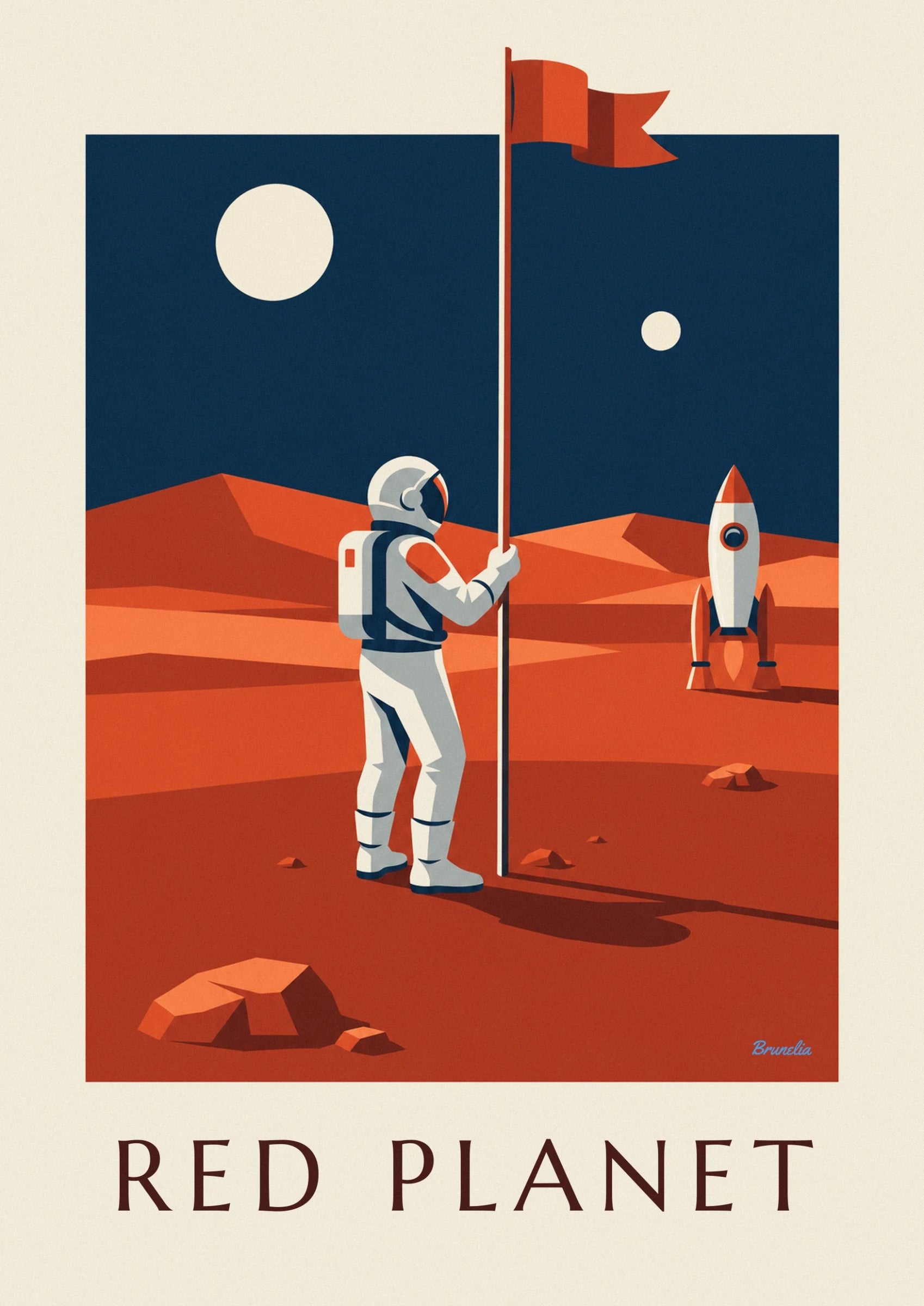 Ein Astronaut im weißen Raumanzug, der eine Stange auf dem roten Boden des Mars hält