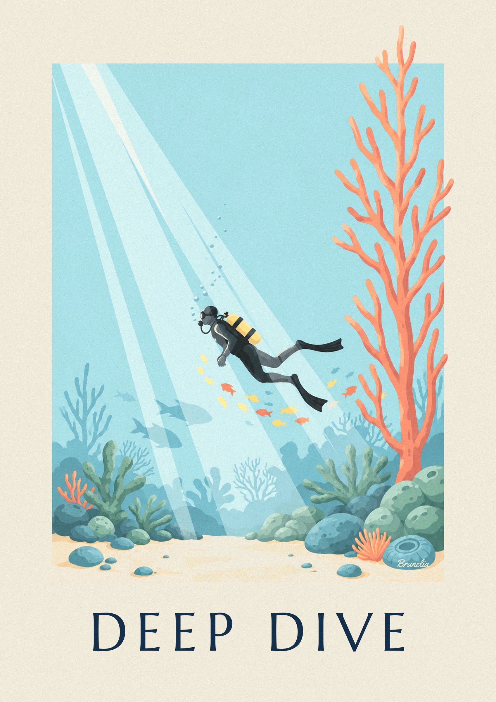 Poster Taucher unter Wasser zwischen Korallen und Fischen: Detail in Nahaufnahme