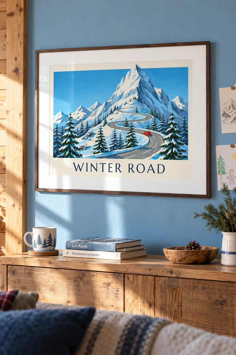 Poster of a snowy winding mountain road in the French Alps: framed on the wall