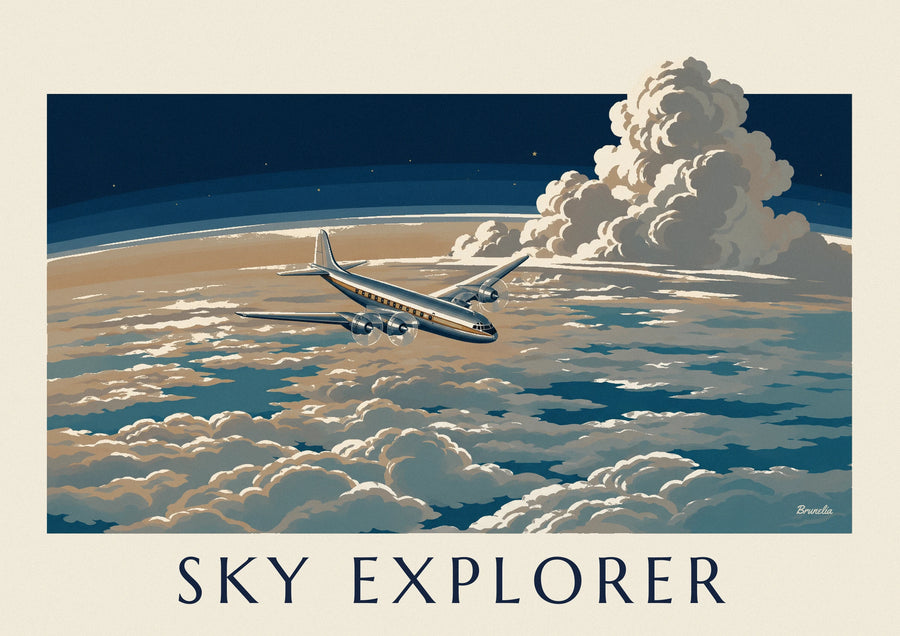 Poster passagiersvliegtuig boven een wolkenzee