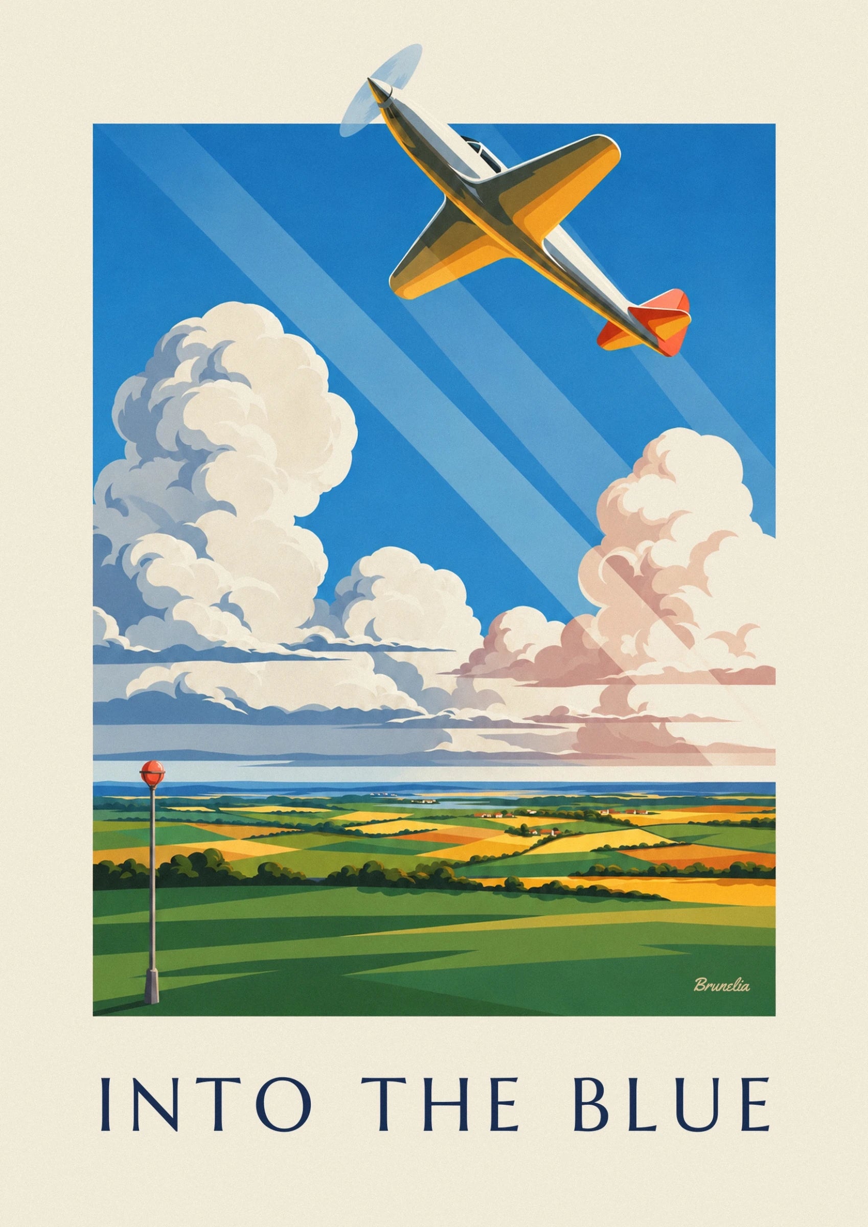 Das gelb-orange Propellerflugzeug mit rotem Heck an einem blauen, lichtdurchzogenen Himmel