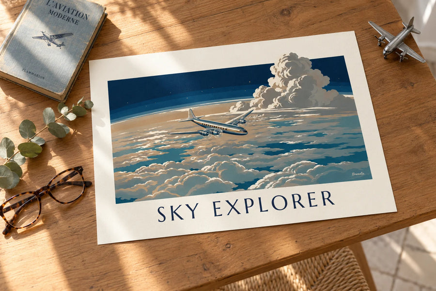 Poster vliegtuig boven een wolkenzee: op een tafel