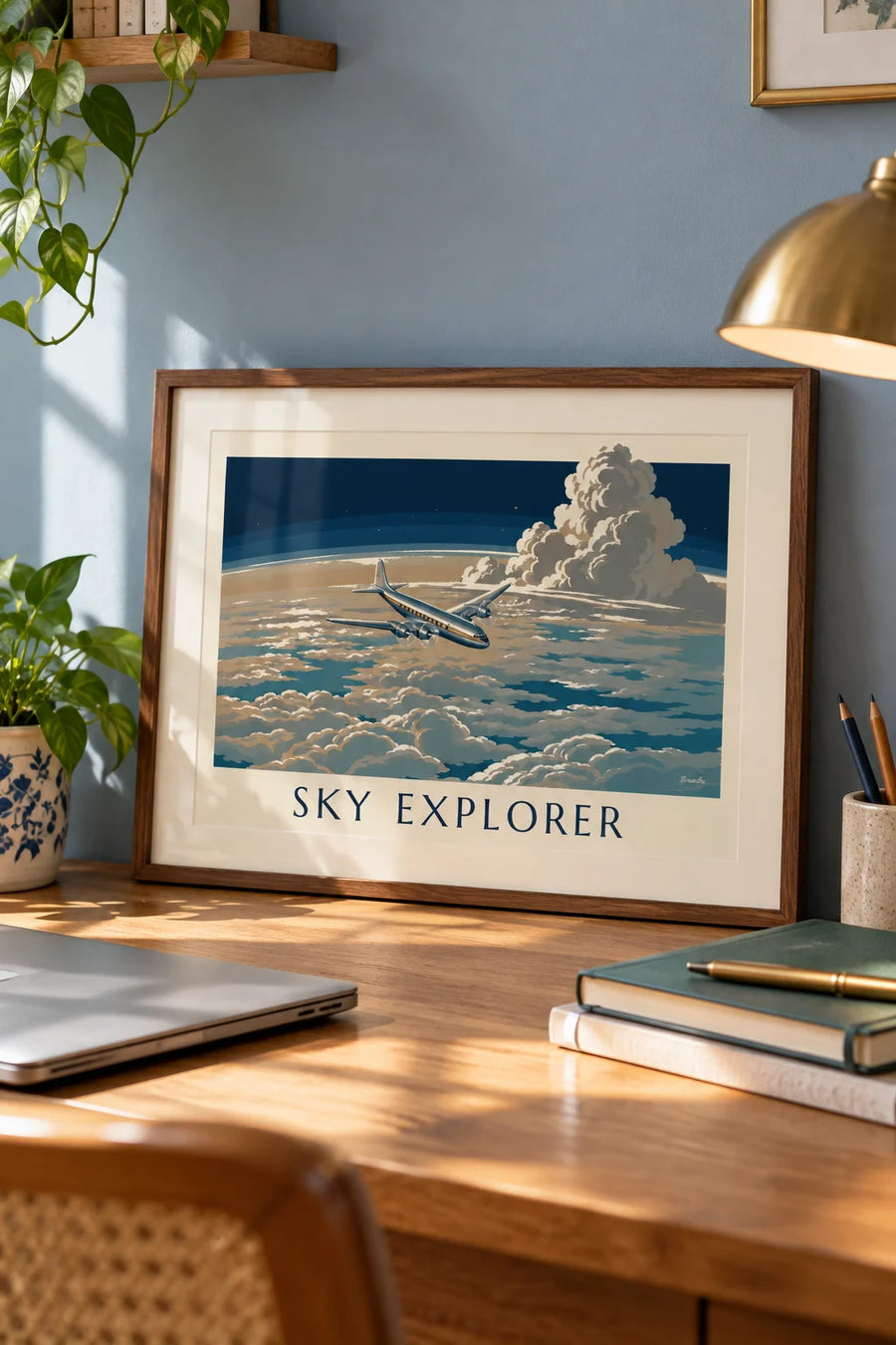 Poster lijnvliegtuig boven een zee van wolken: klein A4-formaat in lijst