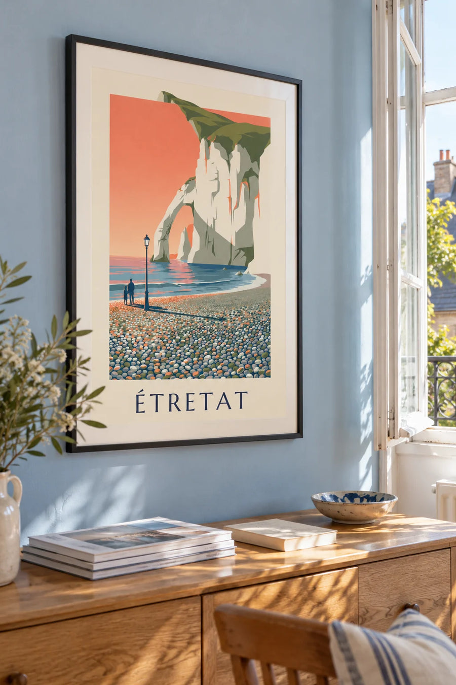 Affiche falaises blanches d’Étretat au coucher du soleil : encadrée au mur