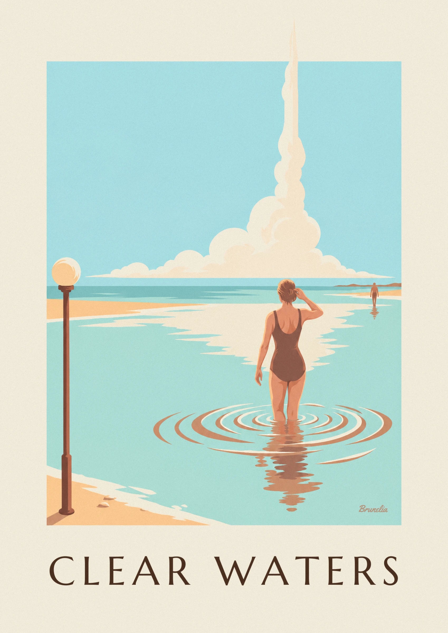 The bather seen from behind in a brown swimsuit, with one hand in her hair, surrounded by ripples in the clear water