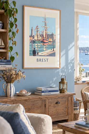Poster of old tall ships at the maritime festival in Brest: framed on the wall