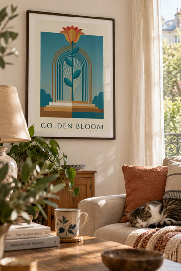 Poster of a stylized golden flower in a geometric frame: framed on the wall