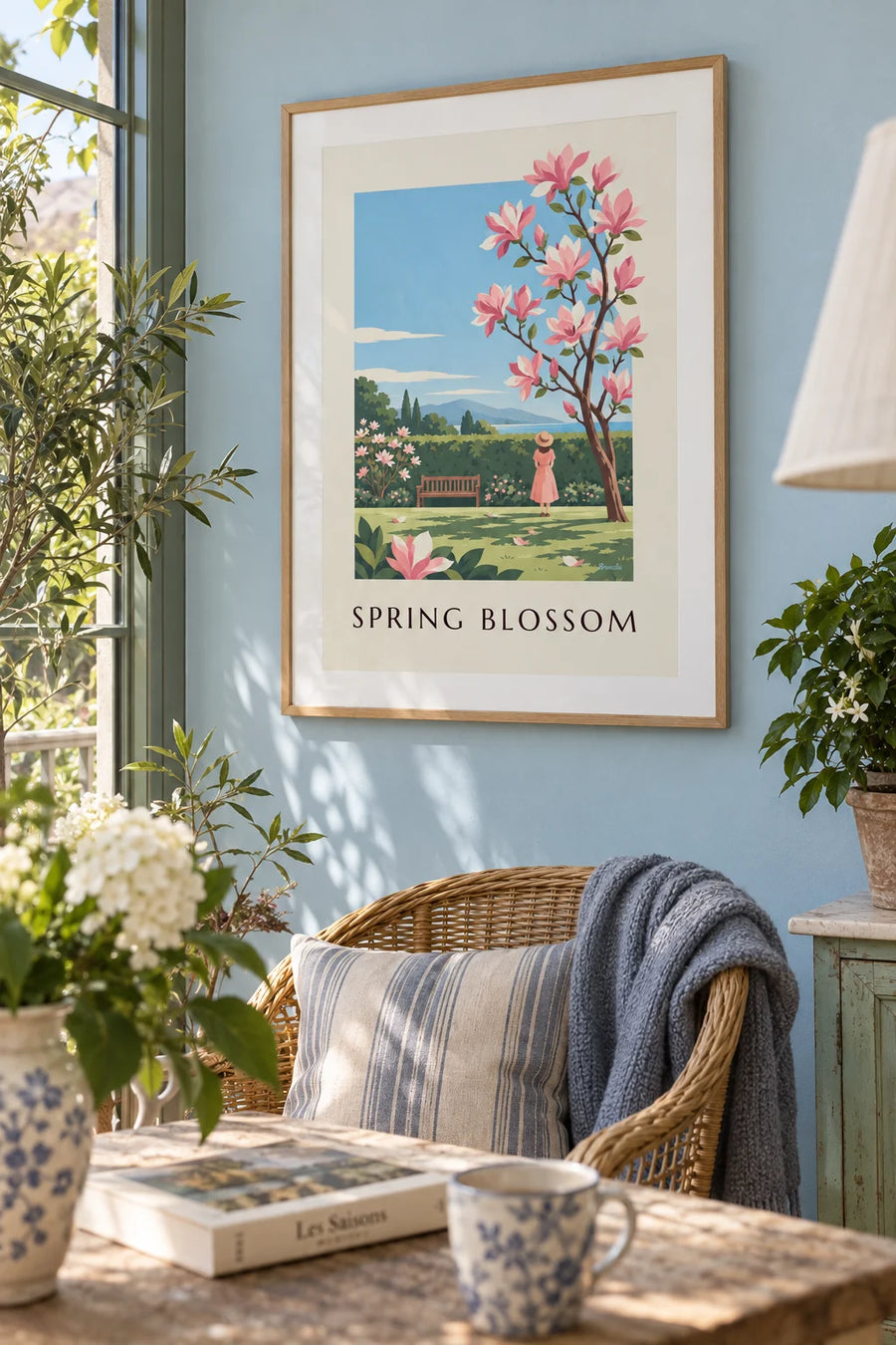 Poster of a magnolia branch with pink flowers in spring: framed on the wall