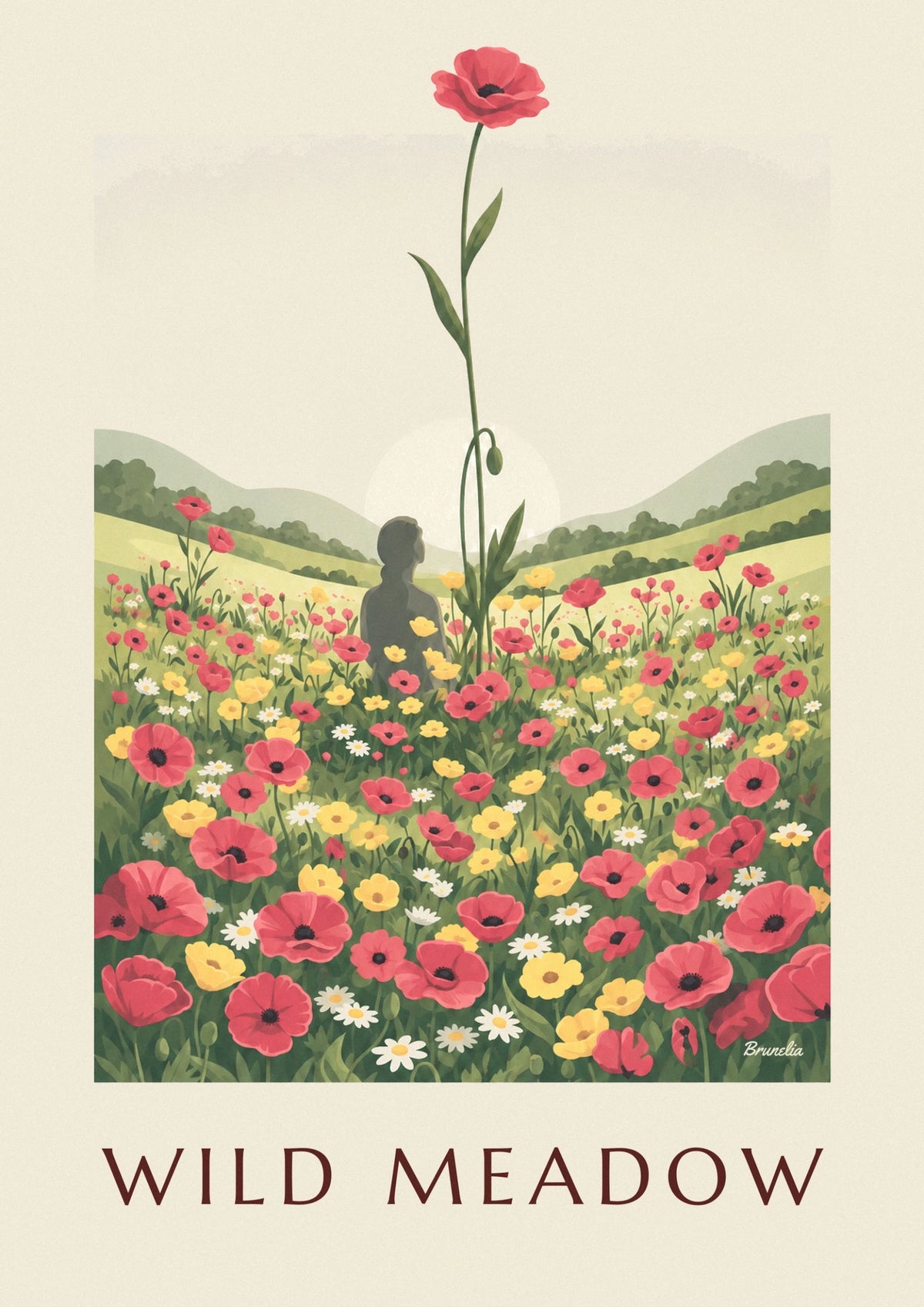 Affiche prairie de coquelicots et fleurs sauvages au soleil