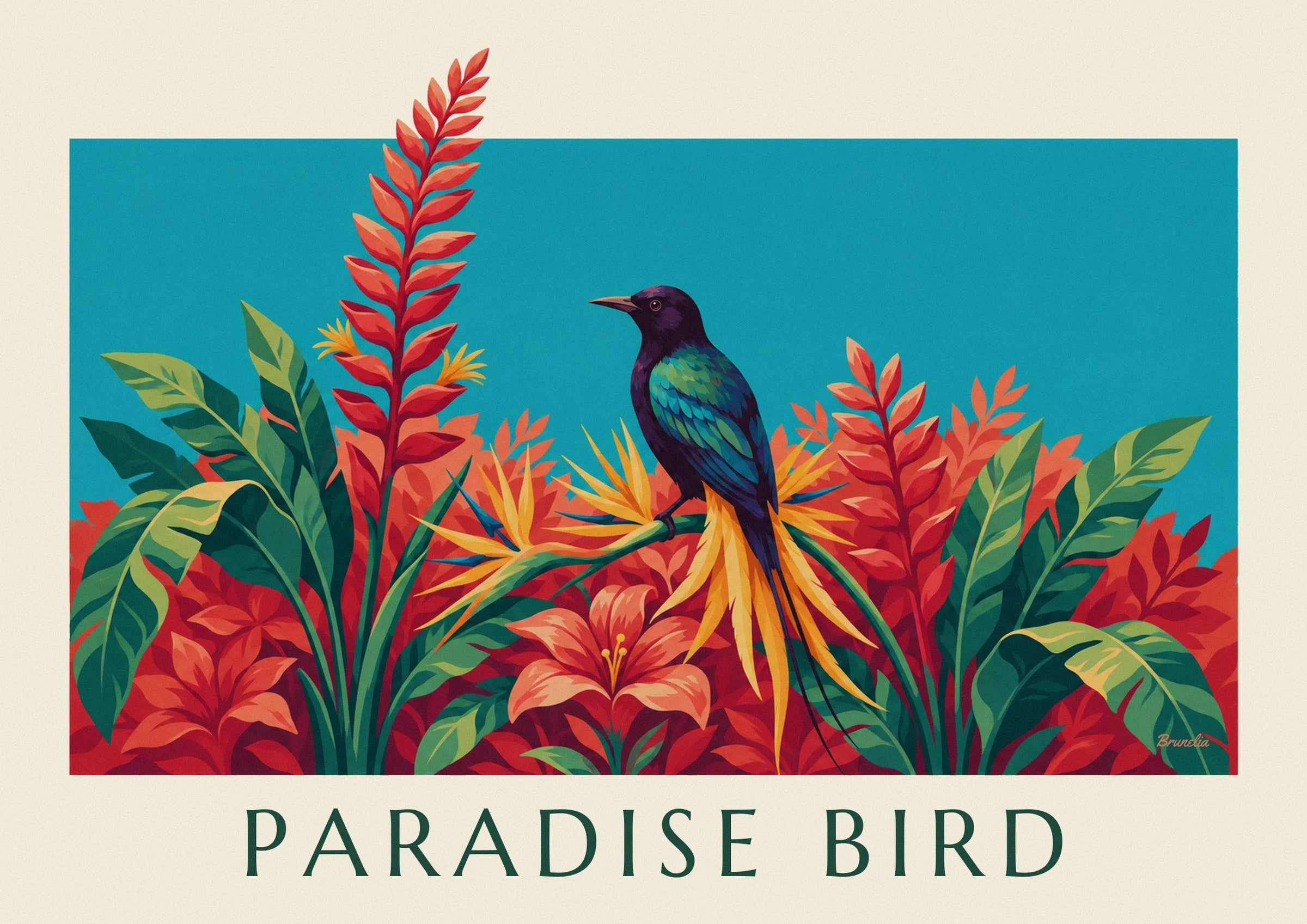 Poster Paradiesvogel zwischen tropischen Blumen: Detail in Nahaufnahme