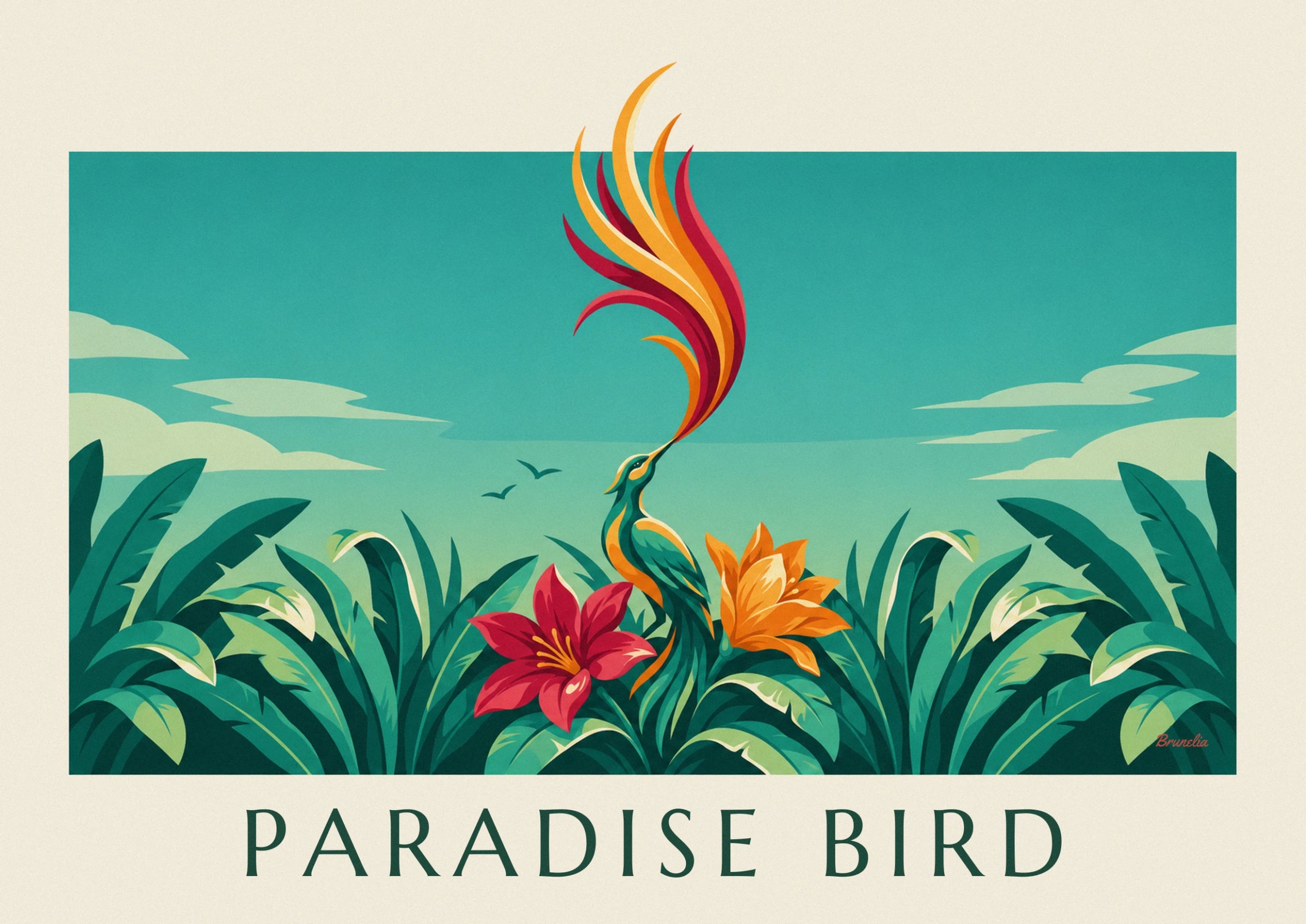 L'oiseau de paradis aux longues plumes rouges et orange, entre un lis orange et un lis rouge