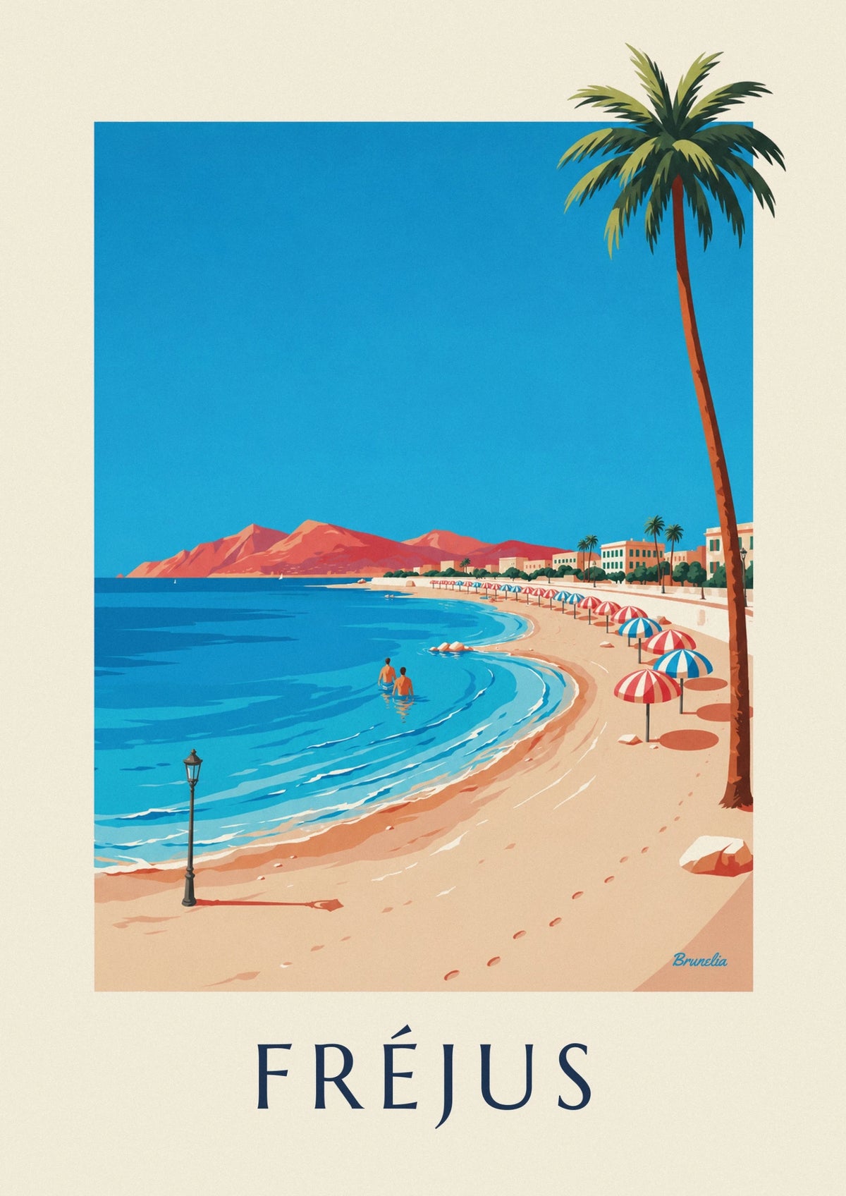 Affiche palmiers et parasols en bord de mer à Fréjus