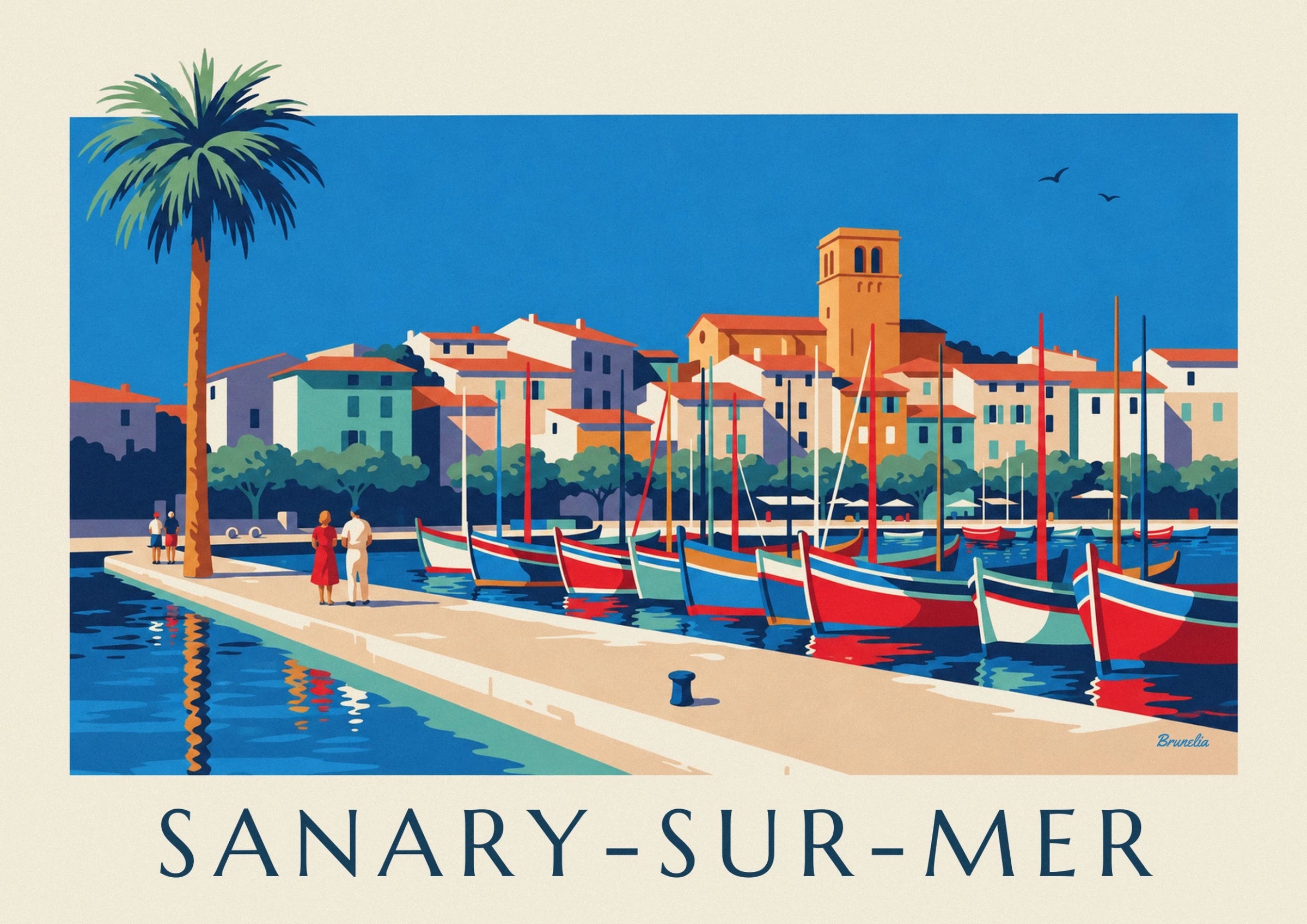 Les pointus rouges, bleus et vert d’eau devant les façades claires du port de Sanary