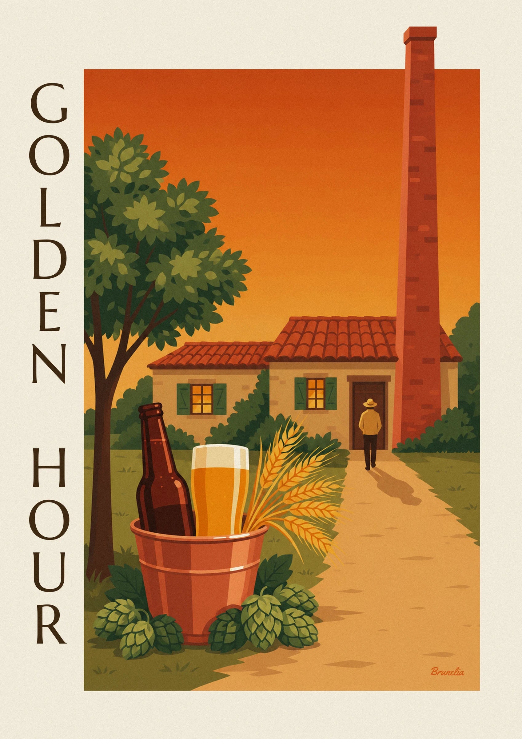 Eine braune Flasche und ein Glas goldenes Bier in einem Kupfereimer, zwischen Weizenähren und Hopfendolden