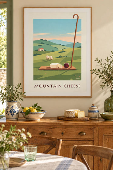 Poster baskischer Schafskäse und Schwarzkirschmarmelade: gerahmt an der Wand