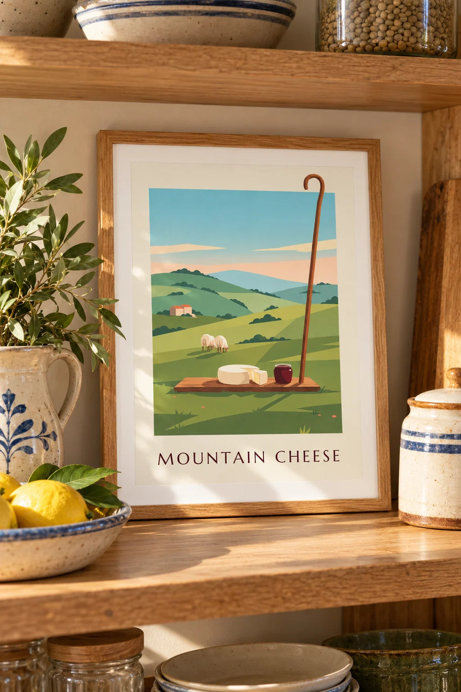 Poster mit baskischem Schafskäse und Schwarzkirschmarmelade: kleines Format A4 im Rahmen