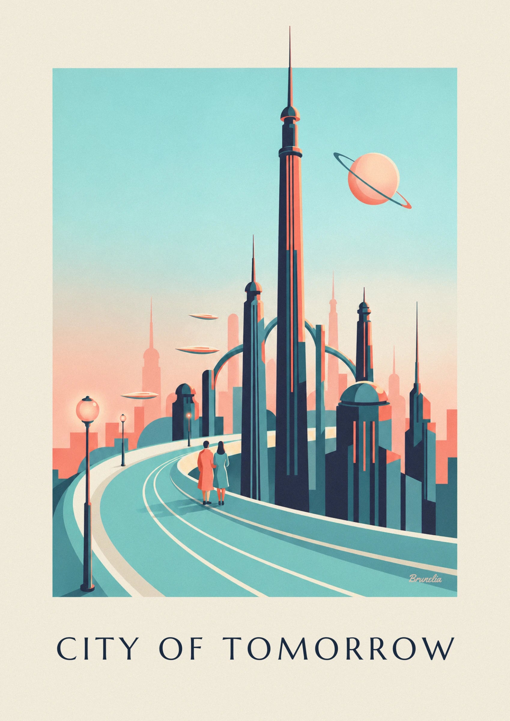 The tall red and midnight blue tower facing the ringed planet, in a turquoise sky