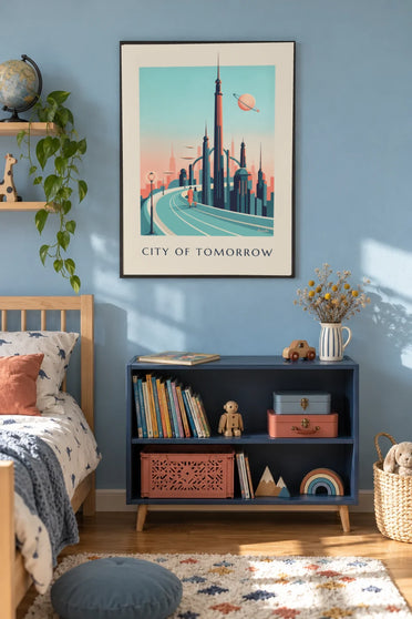 Poster futuristische Science-Fiction-Metropole und Ringplanet: gerahmt an der Wand