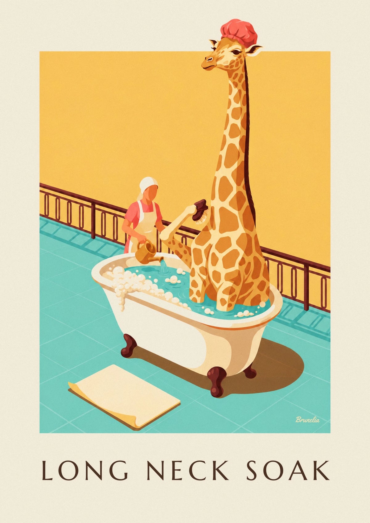 Affiche humoristique girafe dans un bain moussant