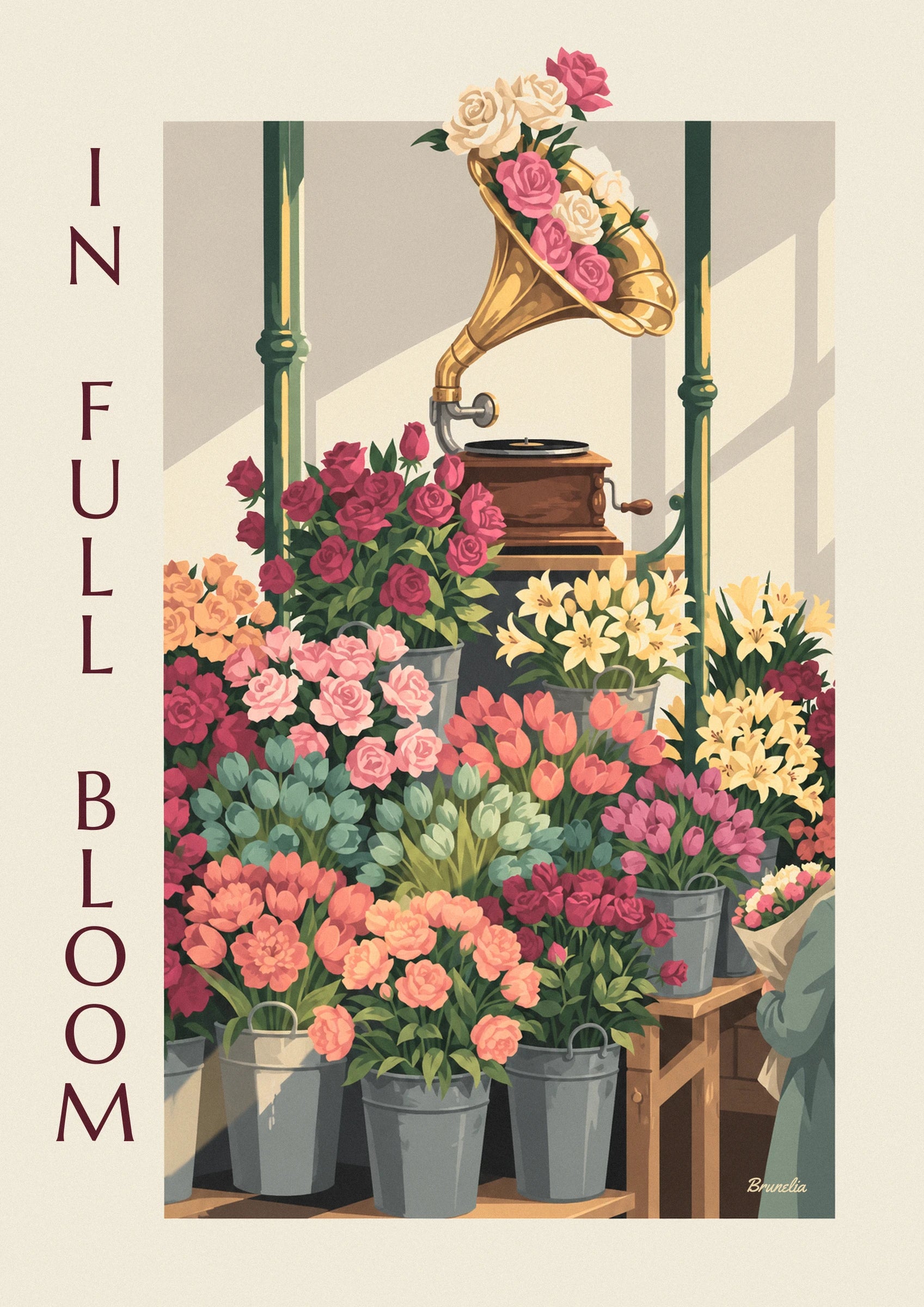 The golden gramophone horn filled with white and pink roses