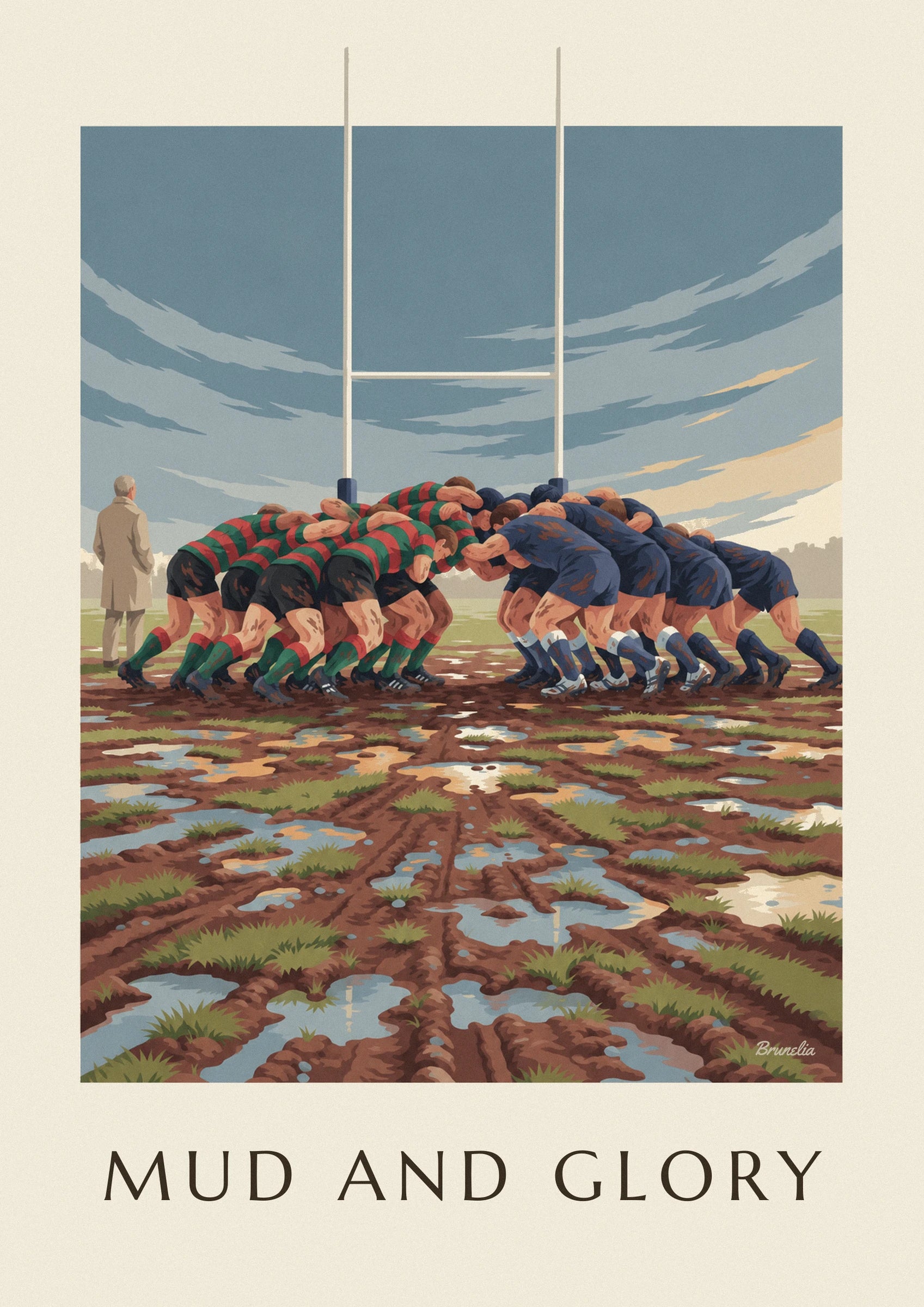 Poster Rugby-Gedränge im Schlamm unter Regenhimmel: Detail in Nahaufnahme