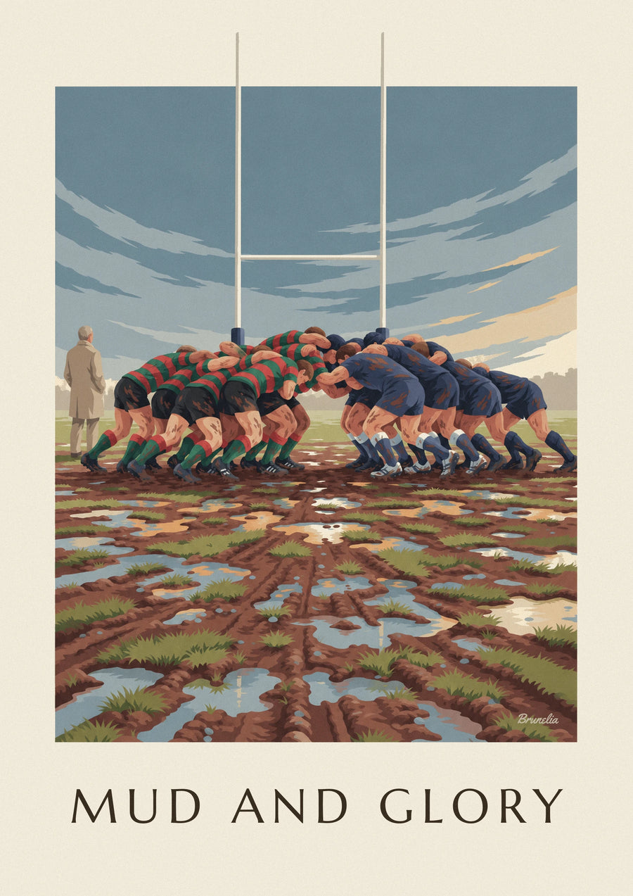 Poster Rugby-Gedränge im Schlamm unter Regenhimmel