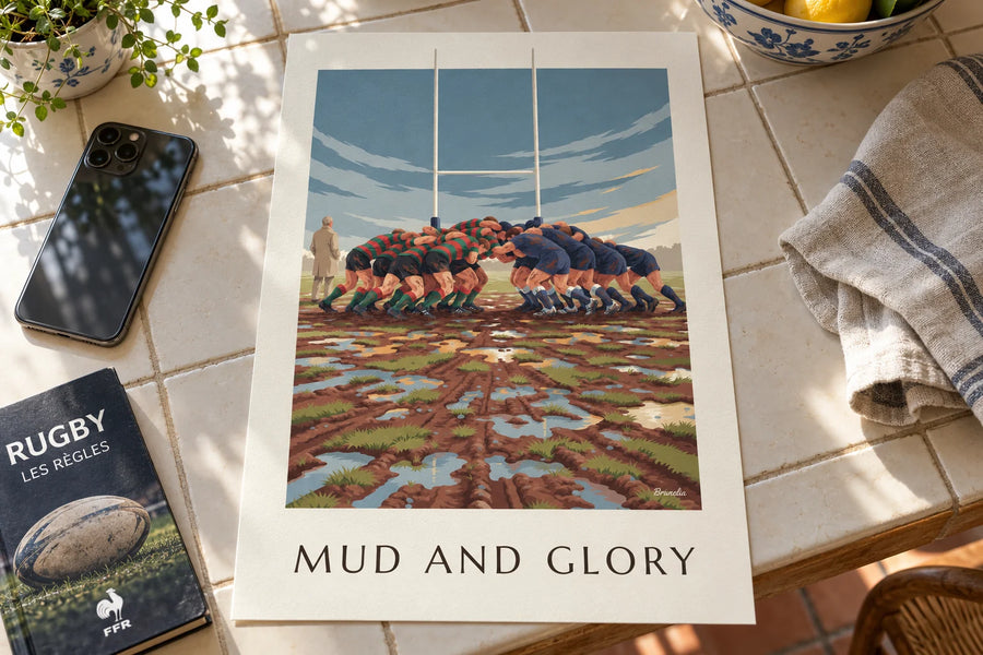 Poster mit Rugby-Gedränge im Schlamm unter Regenhimmel: auf einem Tisch stehend