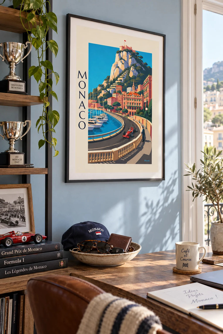 Affiche voiture de course du Grand Prix de Monaco sur le port : encadrée au mur